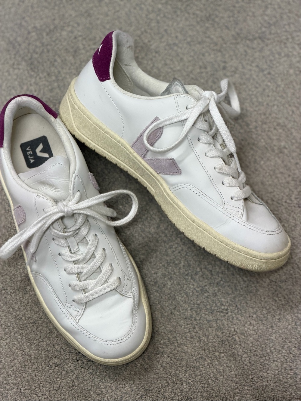 Veja V-12 Leather Sneakers in White and Magenta